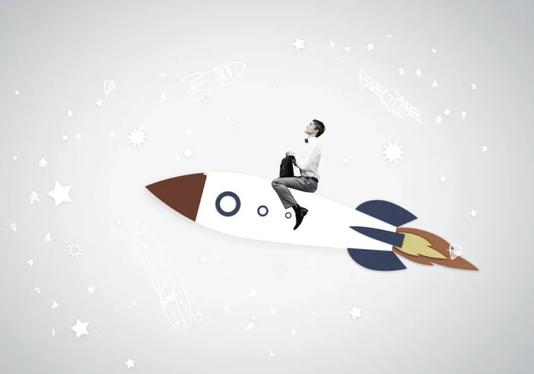 Young businessman flying in sky on drawn rocket